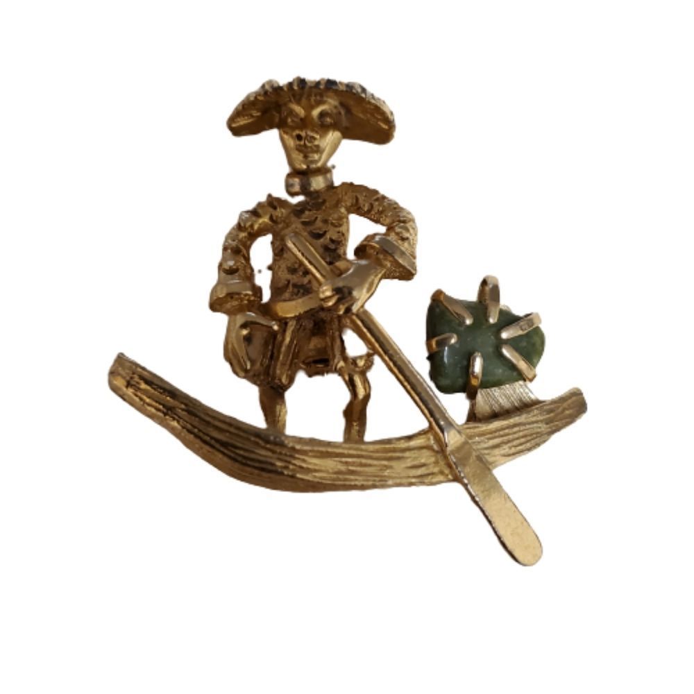 Vintage Signed Bsk Man In A Boat Gold Tone With A Jade Stone Mint Brooch Pin 20$